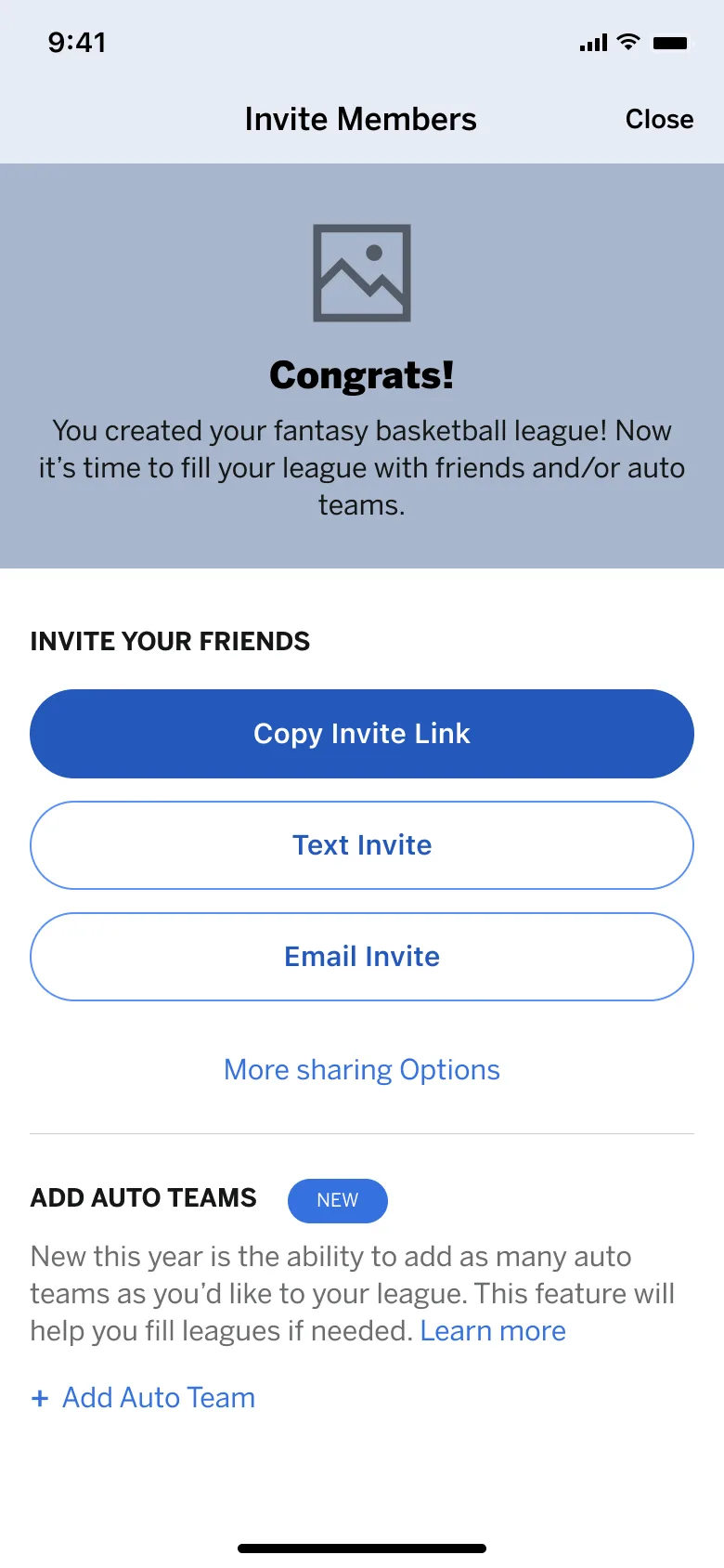 Invite managers screen in ESPN Fantasy