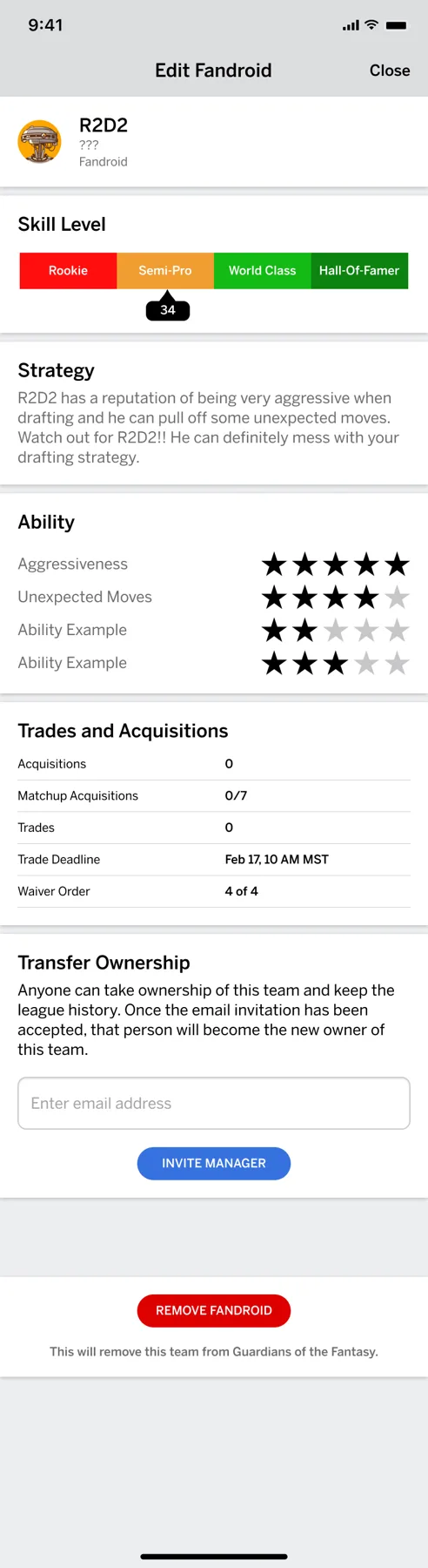 First iteration of the Auto Team profile screen