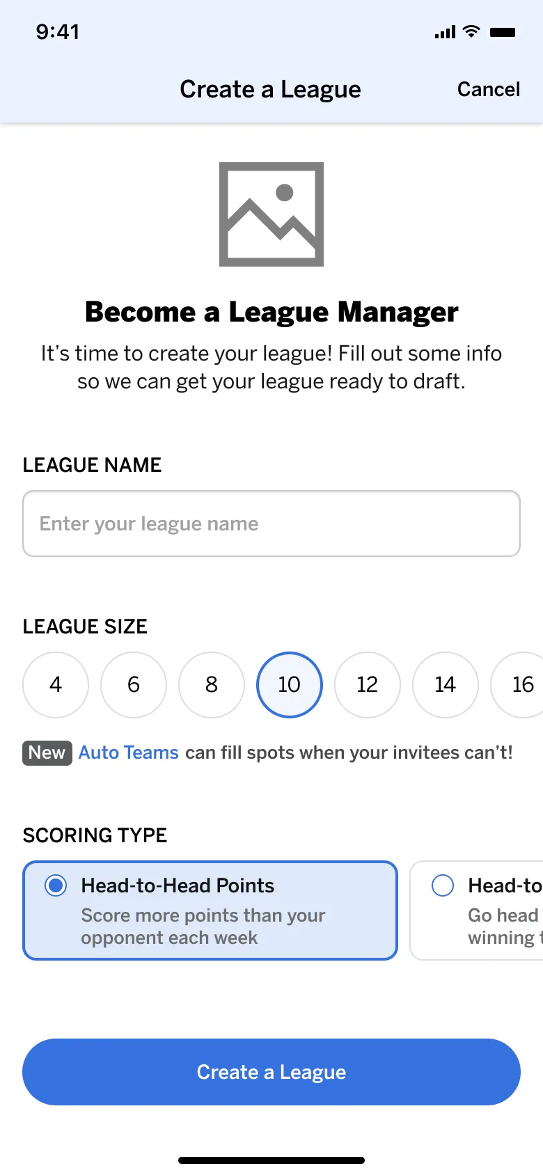 Create league screen in ESPN Fantasy