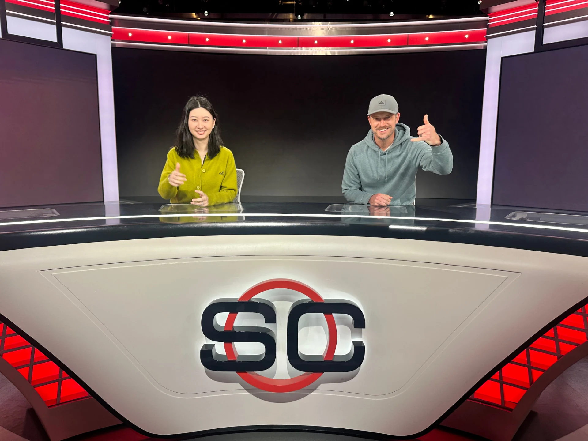 Hugo Hellberg and a teammate at the SportsCenter desk