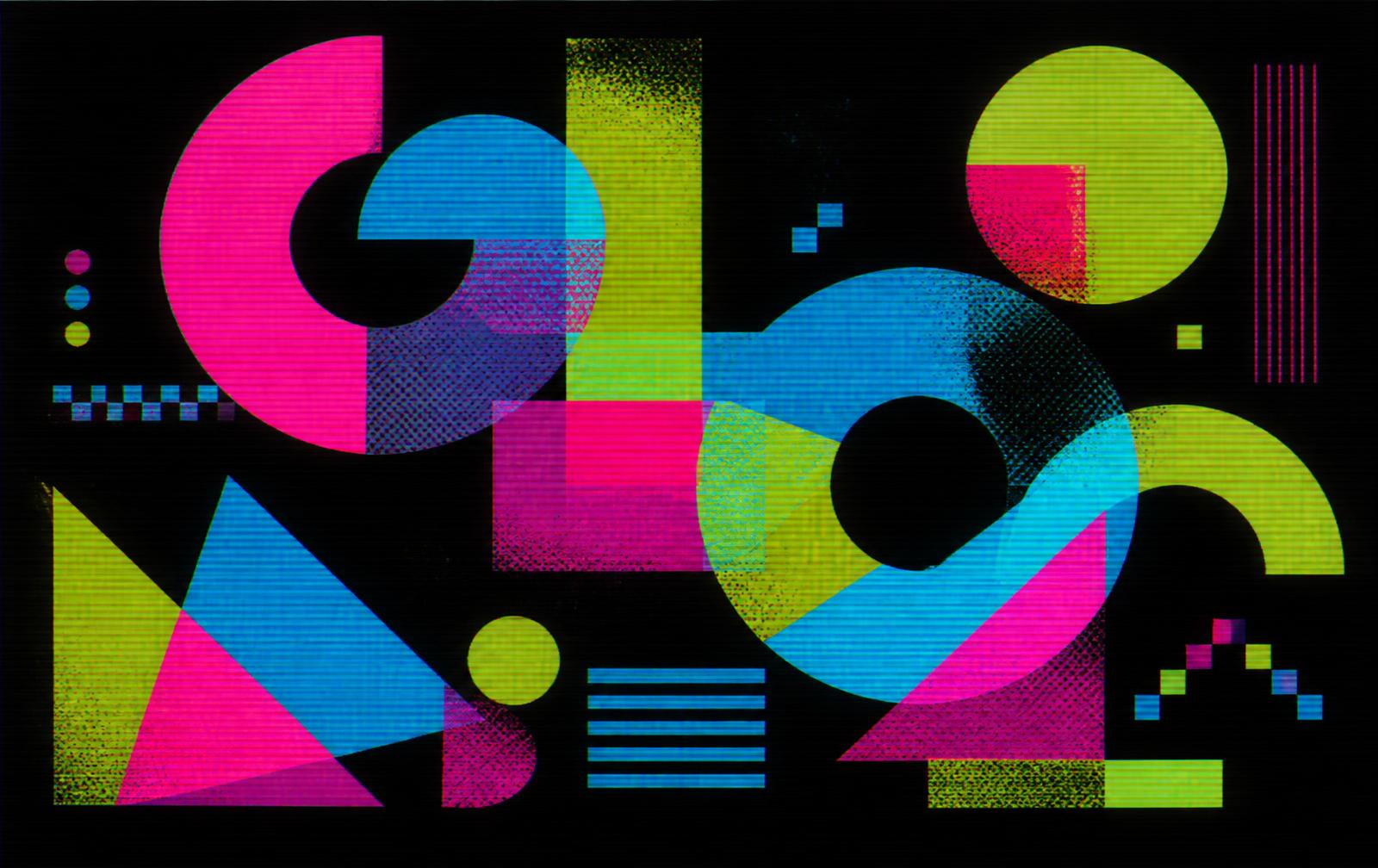 Abstract arcade-inspired shapes in magenta and cyan